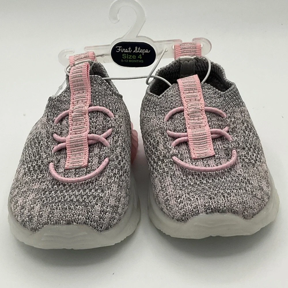 First Steps Toddler Girls Grey Pink Knit Slip On Sneakers Size 4 9-12 Months
